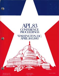 Cover of the APL83 Conference Proceedings booklet, featuring a red, white, and blue design with the U.S. Capitol building and a large star, held in Washington, D.C., April 10–13, 1983.