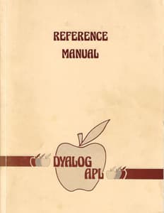 Cover of the original Dyalog APL Reference Manual, featuring a stylised apple logo with “Dyalog APL” written across it and a beige background.