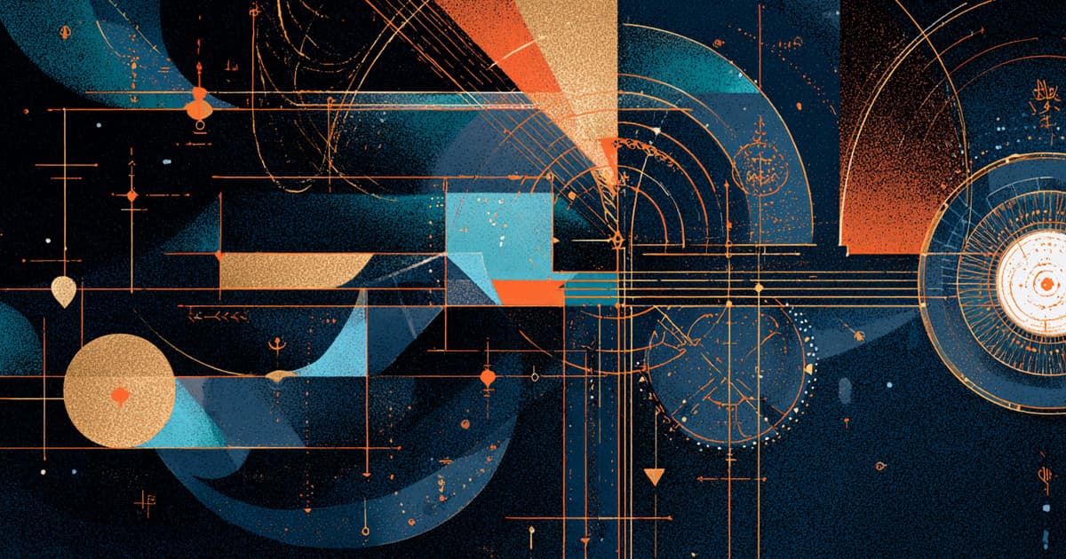 An abstract geometric illustration in blue, orange, and gold tones symbolising structure, symmetry, and logical design — evoking the analytical nature of algorithmic problem solving.