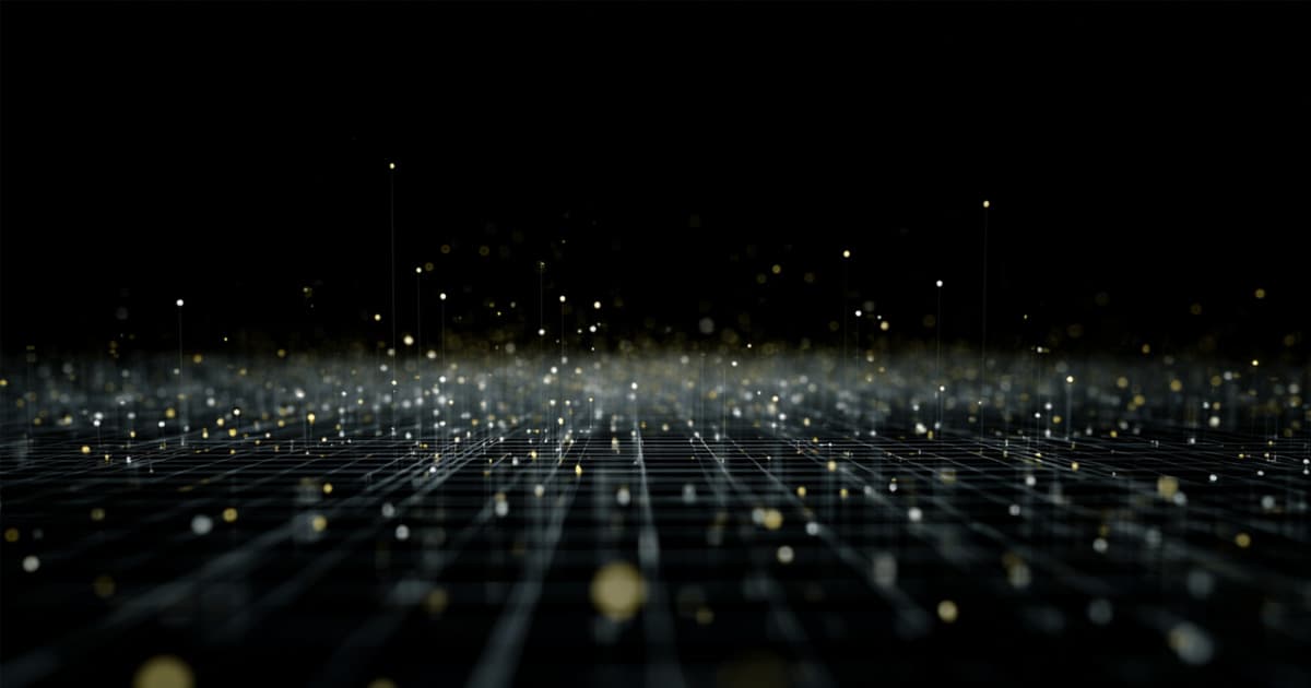 Abstract digital landscape of a glowing grid with scattered luminous points rising upward, symbolising data or prime numbers against a dark background.