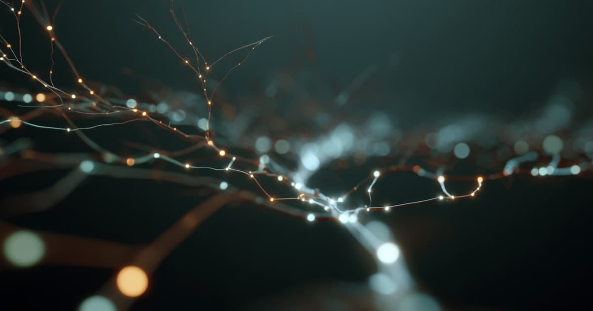 Abstract glowing network of branching lines and nodes, some highlighted with bright light, symbolising recursion and caching in an APL memo operator.