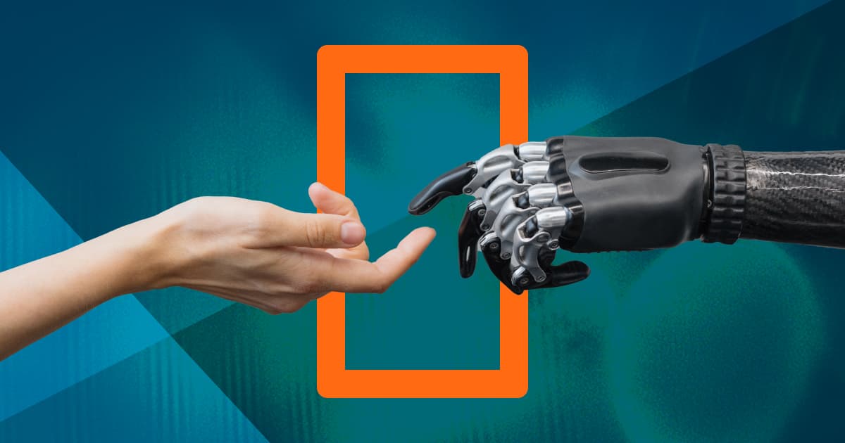 A human hand reaching out to touch a robotic hand, with an orange rectangular frame and a blue abstract background symbolising collaboration between humans and artificial intelligence.