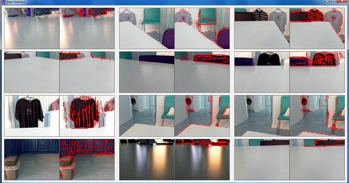 Screenshot of a 4×5 grid of PiCam images with red edge detection overlays on tables and room features, illustrating the robot’s vision.