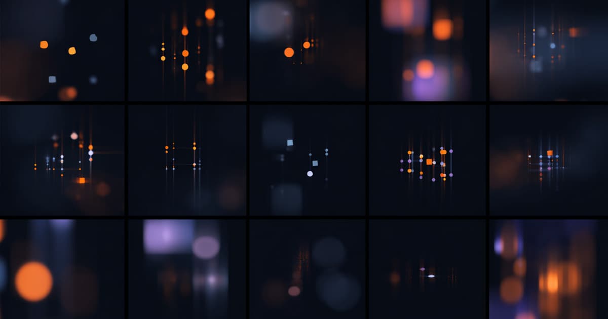 Sixteen-panel grid on a dark background with glowing orange, lavender and white dots and lines, suggesting varied APL exercise themes.
