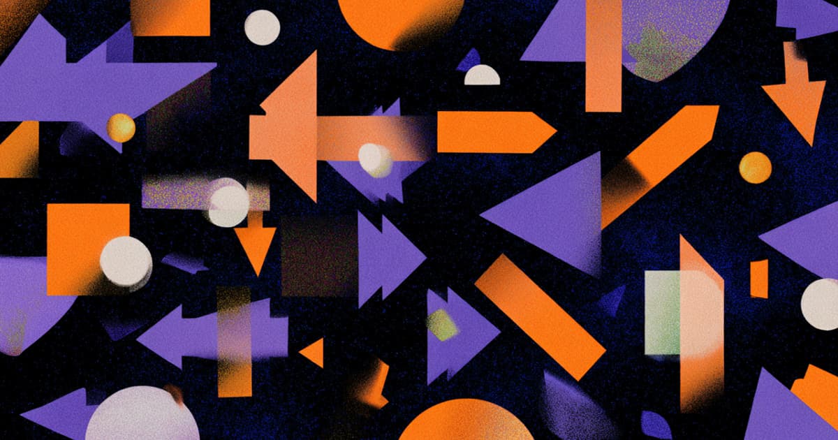 Playful abstract collage of orange and lavender arrows, triangles and blocks on a dark background, suggesting APL wordplay.
