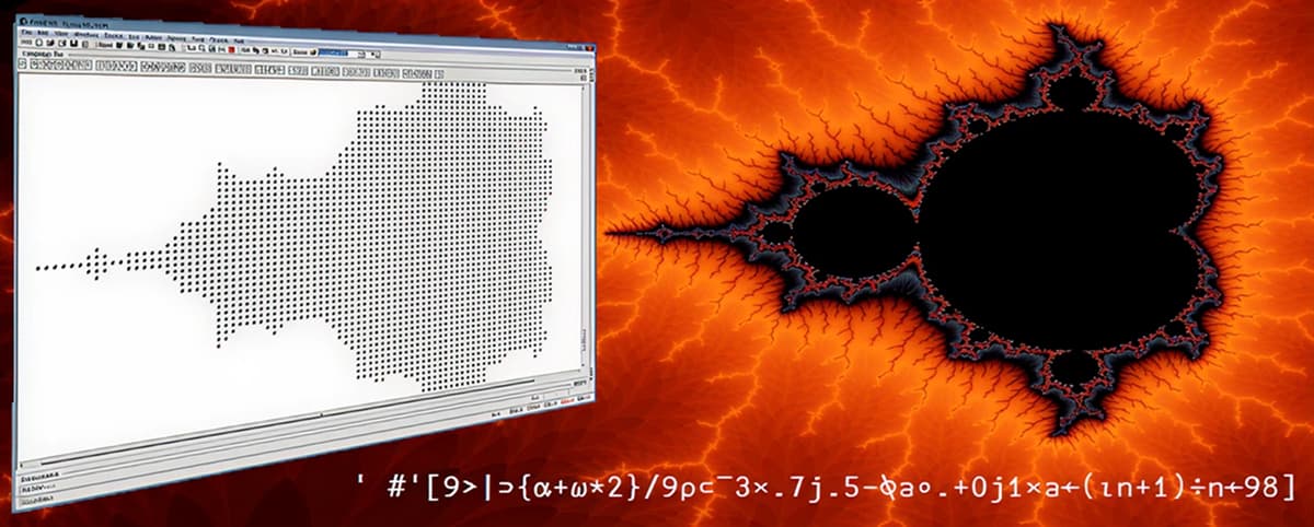 Composite image with a Dyalog APL window showing a text-mode Mandelbrot on the left, and a vivid orange Mandelbrot render with APL code on the right.