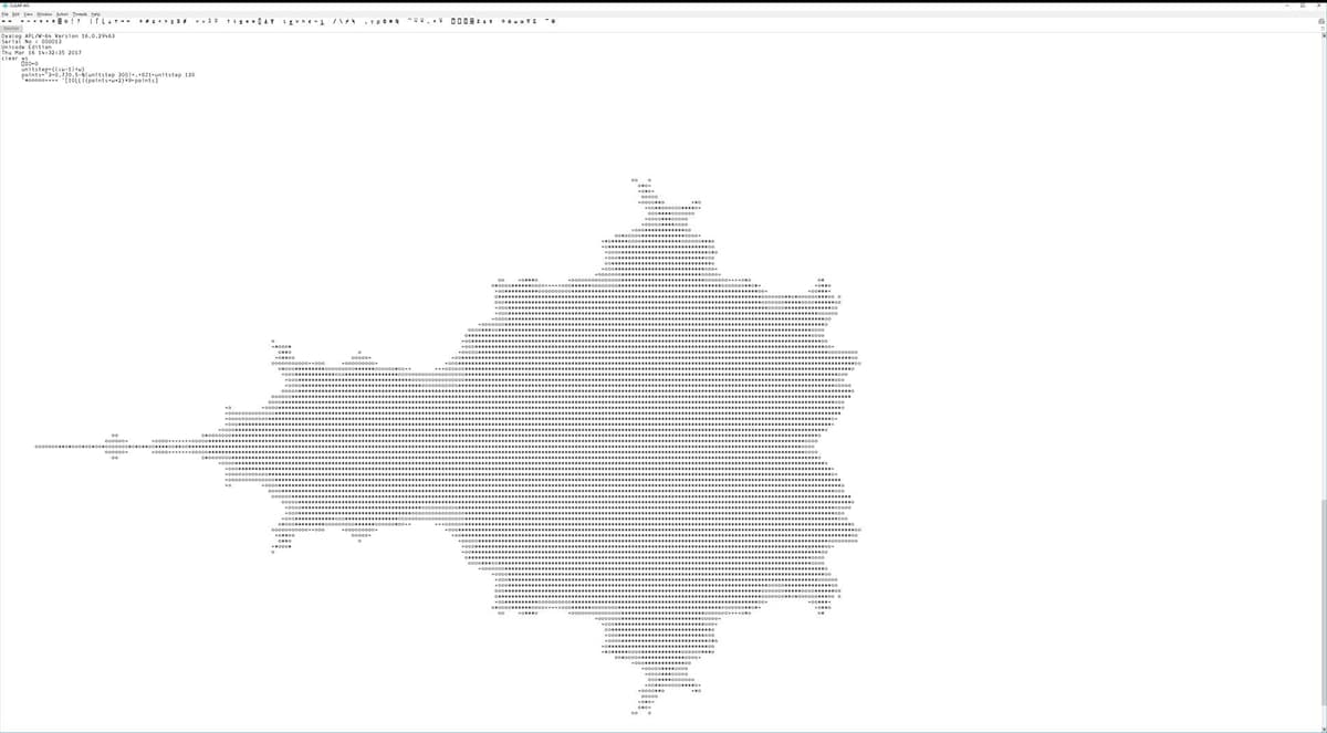 Dyalog APL window displaying a text-mode Mandelbrot set made from rows of dot characters on a white background.