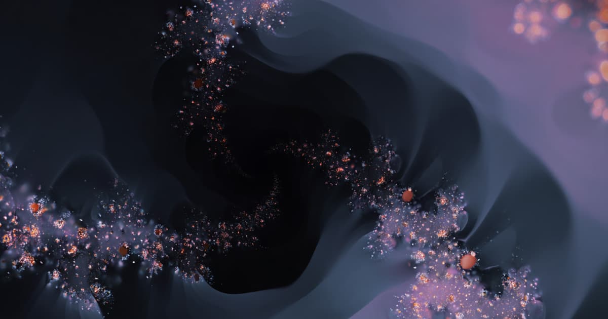 Dark fractal spiral with lavender haze and clusters of glowing orange sparkles, forming a swirling Mandelbrot-style pattern.