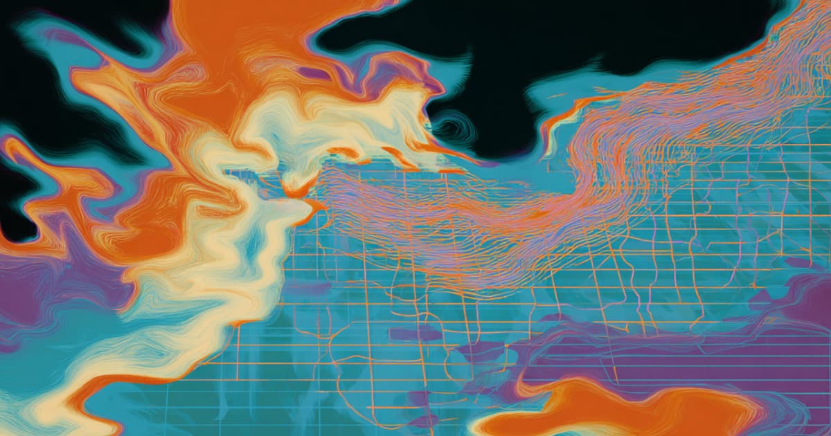 Vivid abstract scene where flowing orange and violet currents meet a turquoise grid of squares and lines, suggesting calculation versus table look-up.