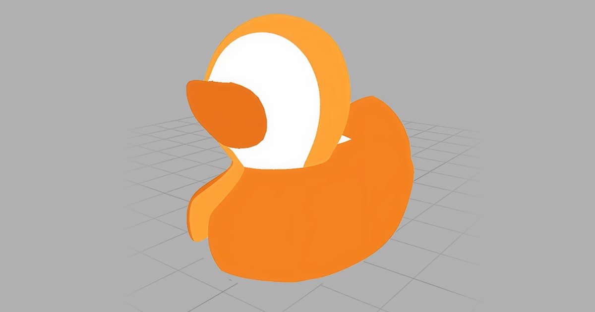 A simple 3D model of a rubber duck in bright orange and white, shown against a grey background with a faint grid pattern.