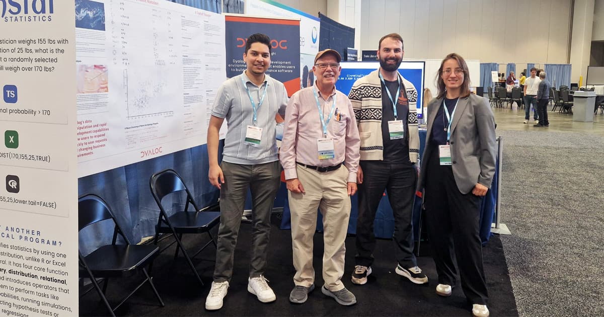 Left to right: Josh David, Stephen Mansour, Rich Park, and Martina Crippa at the JSM 2025 conference, standing in front of the Dyalog APL poster display.