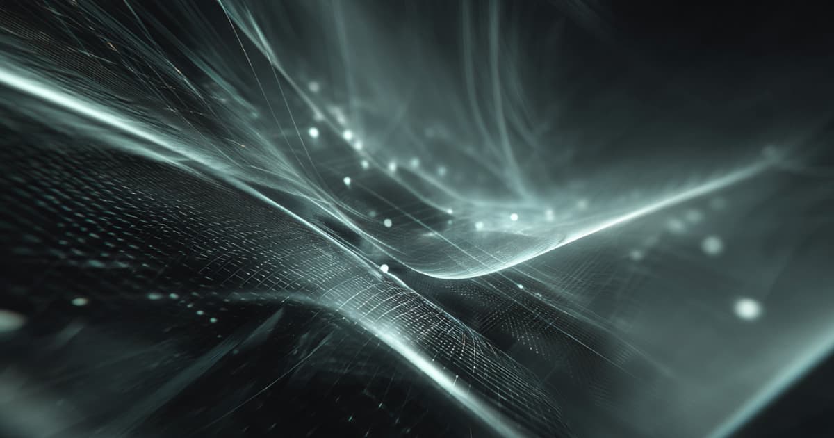 Abstract digital artwork with flowing light patterns and glowing particles, suggesting data, encryption, or code decryption, in cool grey and black tones.