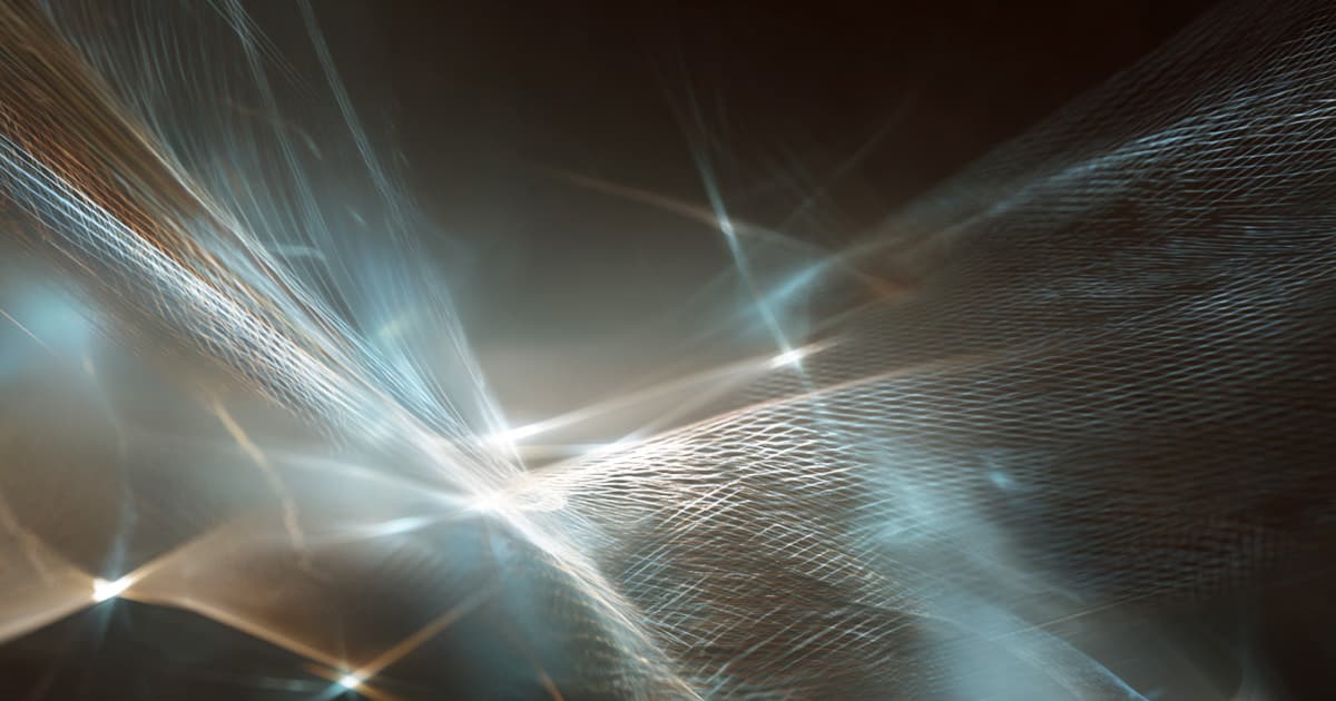 Abstract digital artwork with layered mesh patterns and intersecting light beams in soft blue and copper tones, evoking themes of complexity, structure, and encoded information.