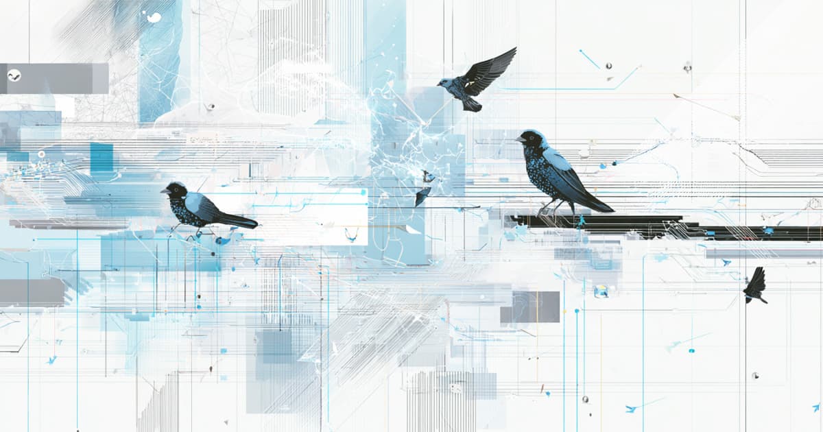 Abstract illustration with blue and black birds perched and in flight over a background of digital lines, grids, and fragmented data, evoking themes of communication and information flow.