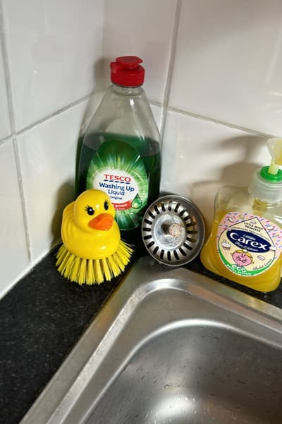 A kitchen sink corner with Tesco washing up liquid, a yellow rubber duck dish brush, a sink strainer, and a bottle of Carex hand soap.