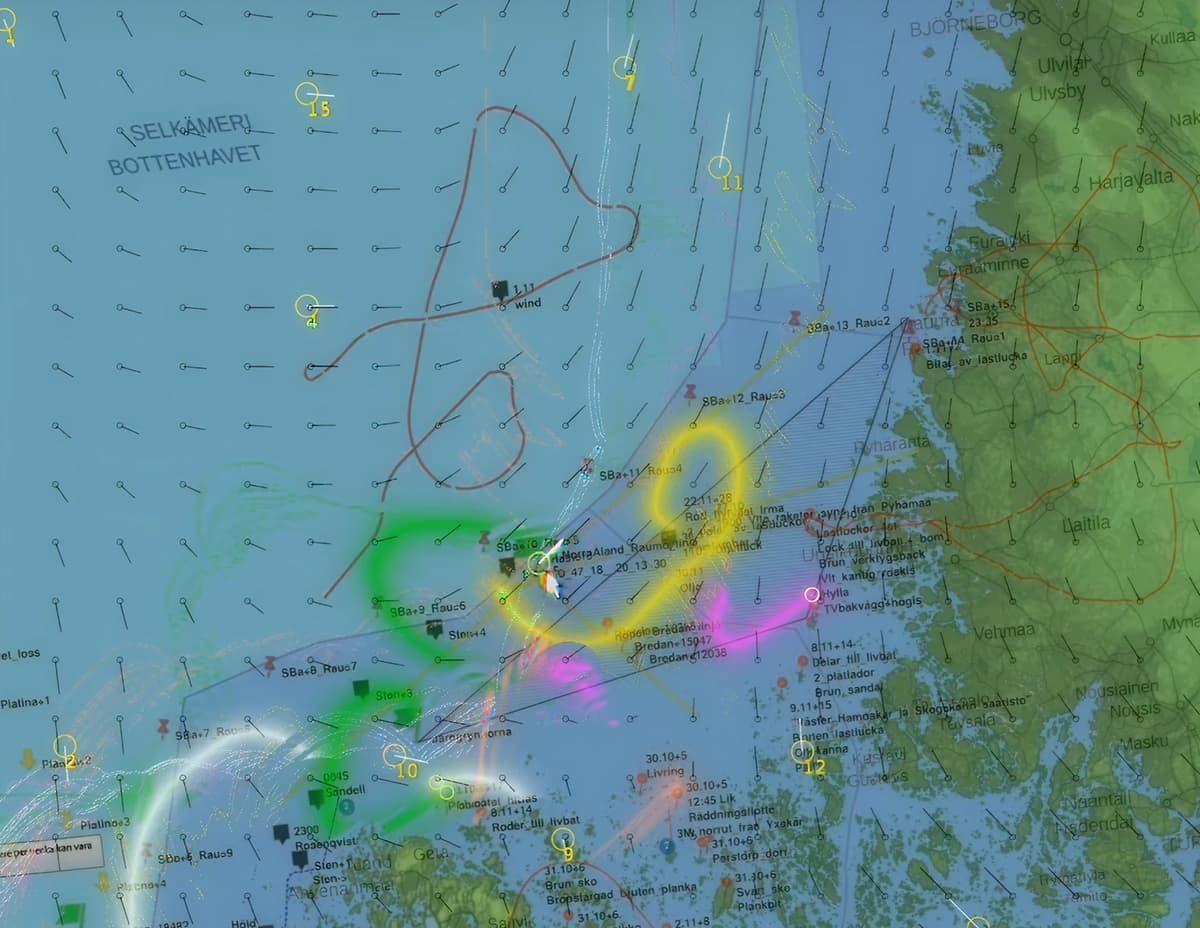 A map of the Baltic Sea and surrounding regions with overlaid weather and wind data visualisations in green, yellow, and pink, presented during a Dyalog ’19 talk.