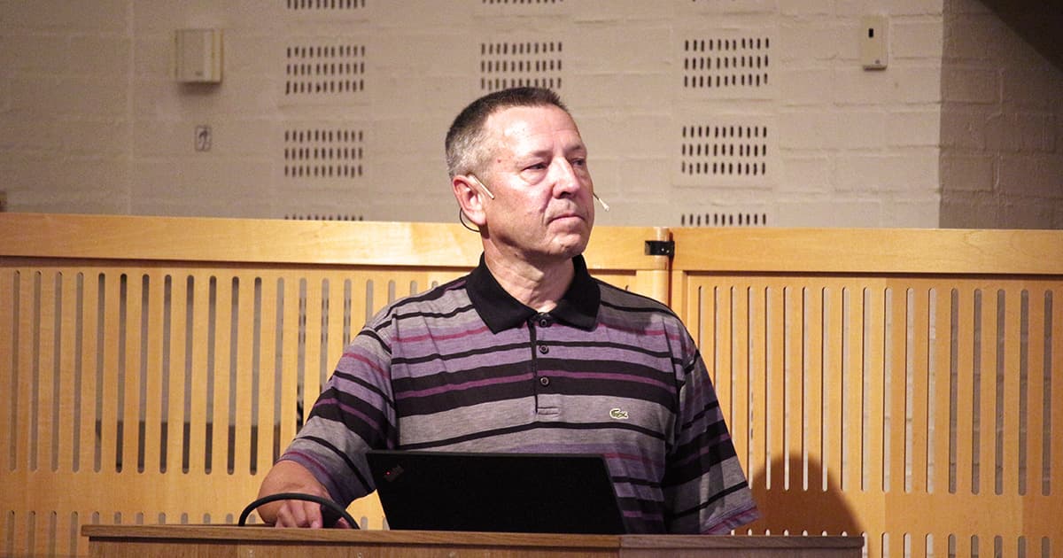 Morten Kromberg, CTO of Dyalog Ltd, standing at the podium with a laptop during his presentation at Dyalog ’19 in Elsinore, Denmark.