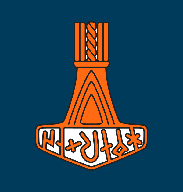 Stylised orange and white illustration of Thor’s Hammer with runic-style symbols, used as the official logo for Dyalog ’19.