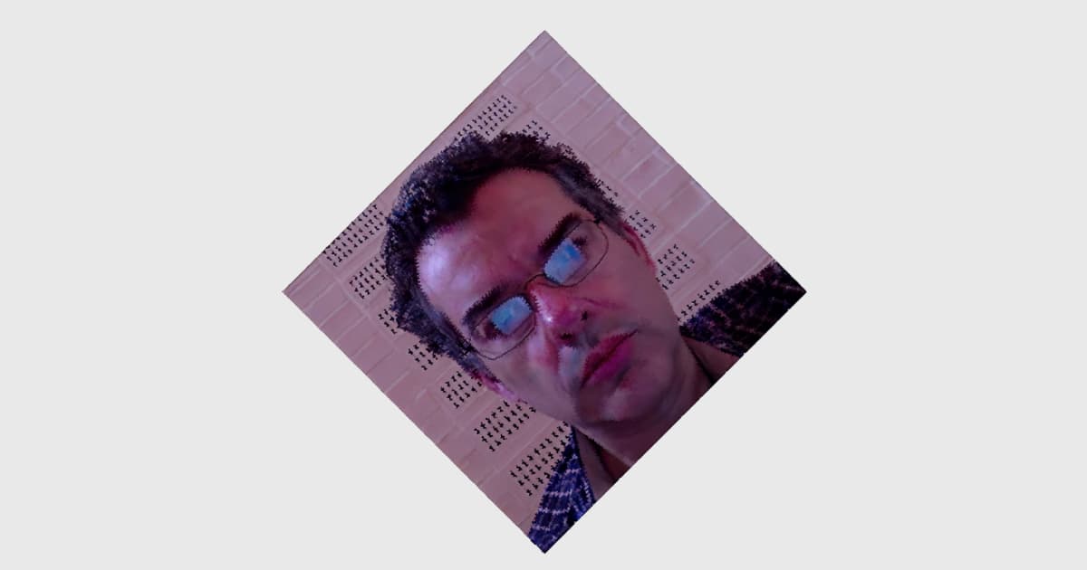 A creatively distorted image of John Daintree from Dyalog ’14, rotated diagonally within a square frame against a perforated wall background, illustrating a shear transformation effect.