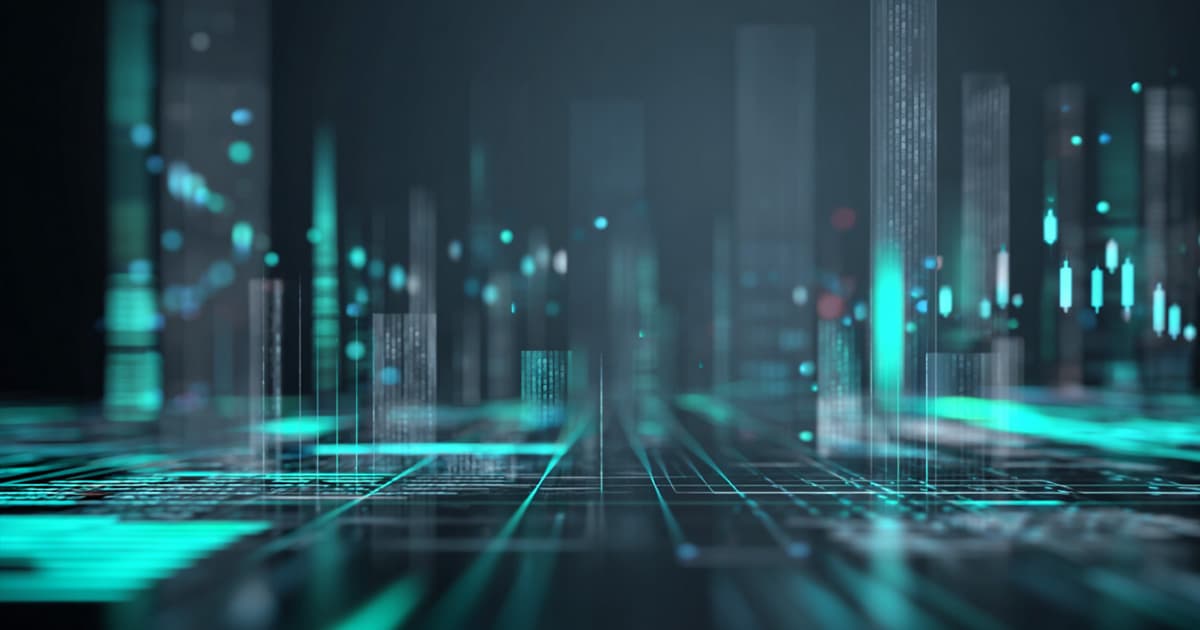 Abstract digital landscape with glowing teal and blue data visualisations, including charts, candlesticks, and vertical bars, evoking financial analytics and algorithmic structures in a futuristic grid-like environment.