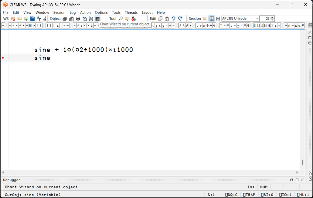 Screenshot of an expression for a sine wave with 1000 data points in Dyalog for Microsoft Windows