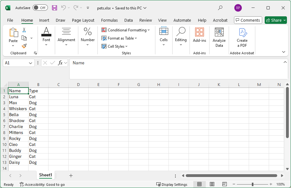 Screenshot of Microsoft Excel spreadsheet