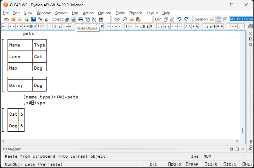 Screenshot of Paste Object button in Dyalog version 20.0 for Microsoft Windows