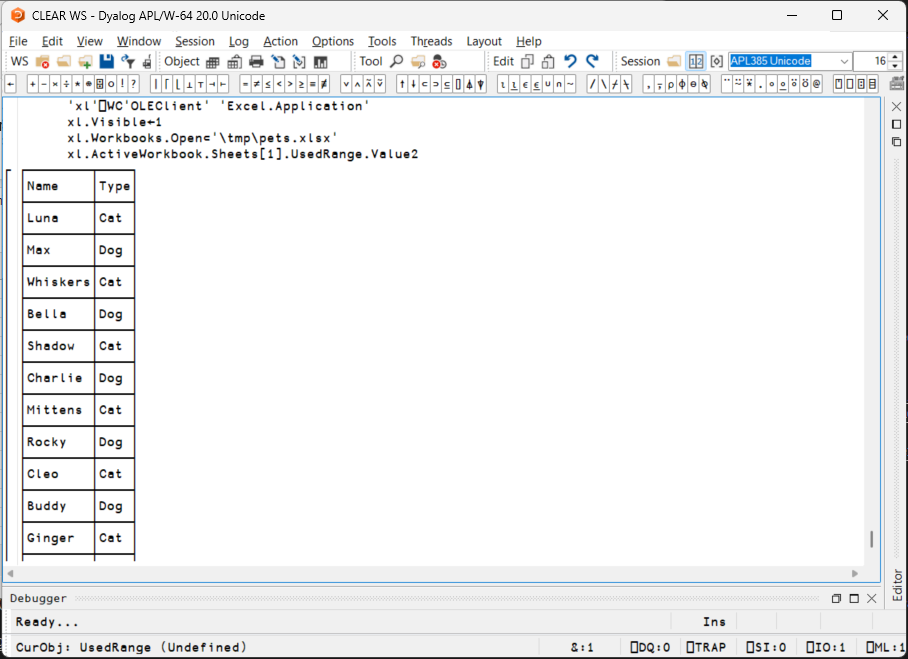 Screenshot of Dyalog OLE interface with Microsoft Excel