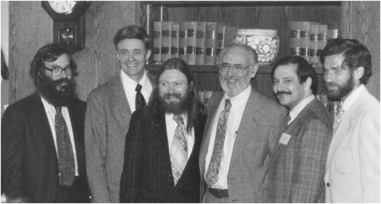 Early APL developers, from left to right: Dick Lathwell, Ken Iverson, Roger Moore, Adin Falkoff, Phil Abrams, Larry Breed. Taken in the I.P. Sharp Associates hospitality suite during the 1978 APL User Meeting in Toronto, Canada.